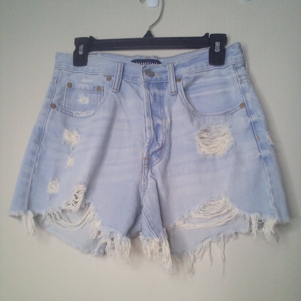Aeropostale Shorts 6 Women High Rise Cut-Off Button Fly Distressed Raw Hem Blue